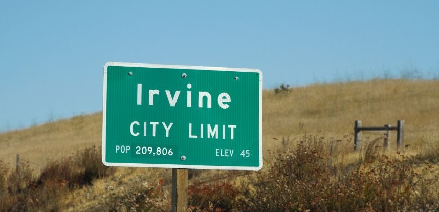 Irvine city sign on the 405 freeway in Socal.