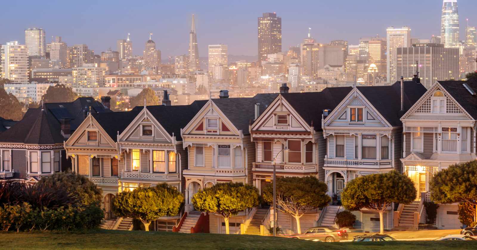 Sun setting over the painted lady houses in SF.